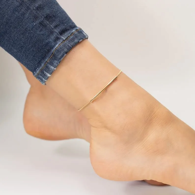 Bar Chain Anklet, Sterling Silver Rectangle Bar Ankle, Unique Anklet, Charming Anklet, Minimalist jewelry (10.5, White Gold Plated)