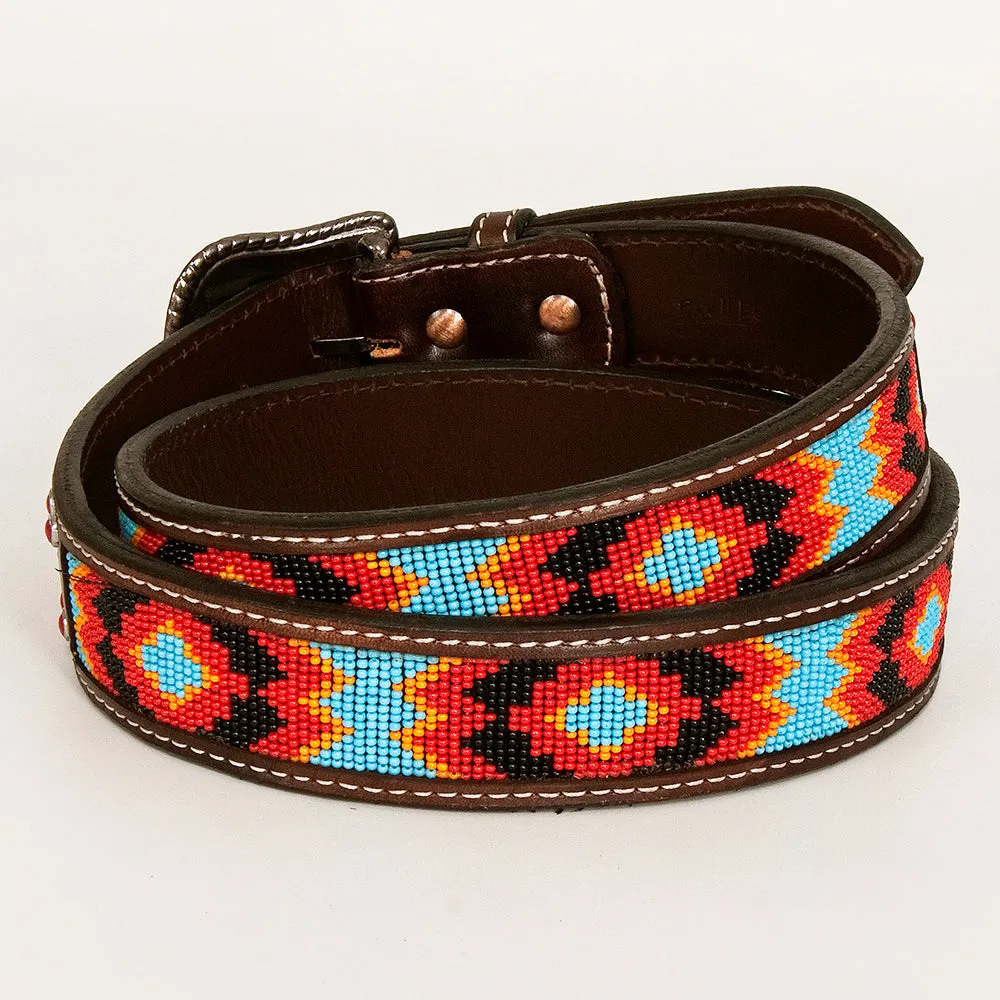 BAR H EQUINE Red Crystal Beaded Floral Hand Carved Western Leather Men And Women Belt Brown