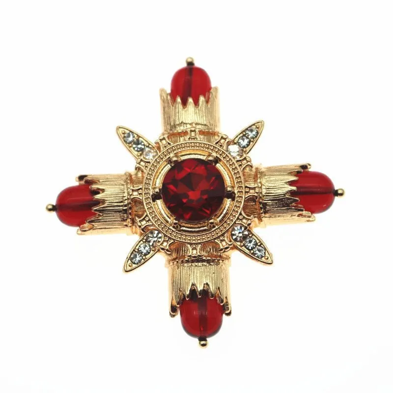 Baroque Red Rhinestone Cross Brooch Pin Metal Big Brooches for Women