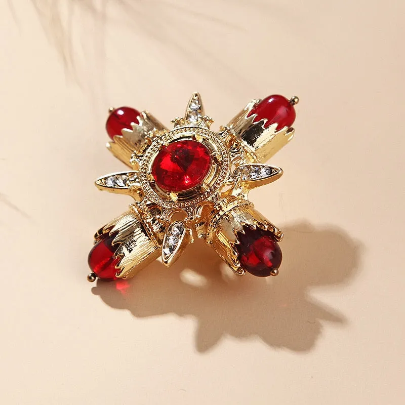 Baroque Red Rhinestone Cross Brooch Pin Metal Big Brooches for Women