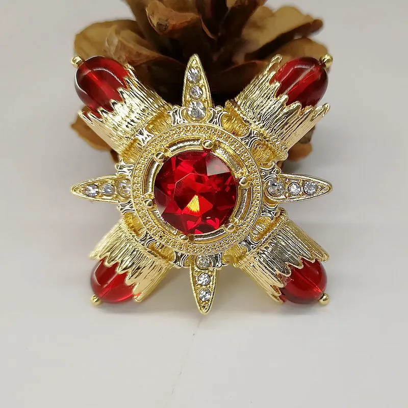 Baroque Red Rhinestone Cross Brooch Pin Metal Big Brooches for Women