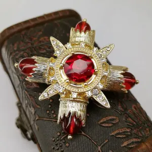 Baroque Red Rhinestone Cross Brooch Pin Metal Big Brooches for Women