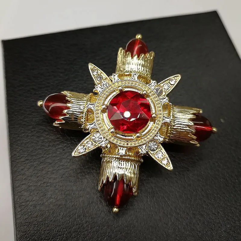 Baroque Red Rhinestone Cross Brooch Pin Metal Big Brooches for Women