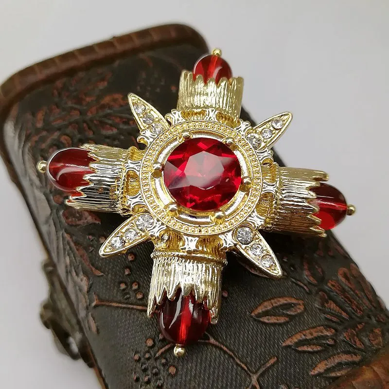 Baroque Red Rhinestone Cross Brooch Pin Metal Big Brooches for Women