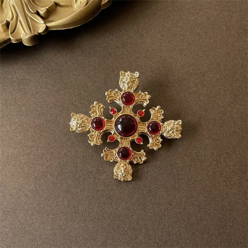 Baroque Style Women Classic Sun Chains Cross Badges Brooches