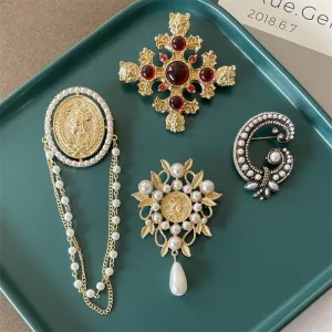Baroque Style Women Classic Sun Chains Cross Badges Brooches