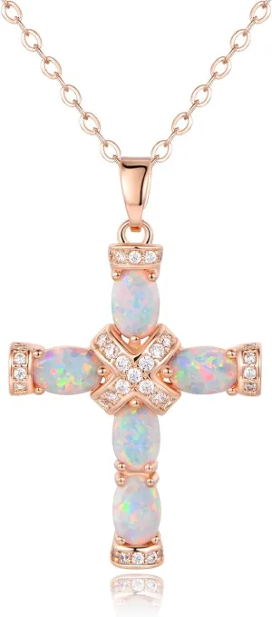 Barzel 18K Gold Plated Created Opal Cross with Chain, 18 Inches with 2 Inches Extension