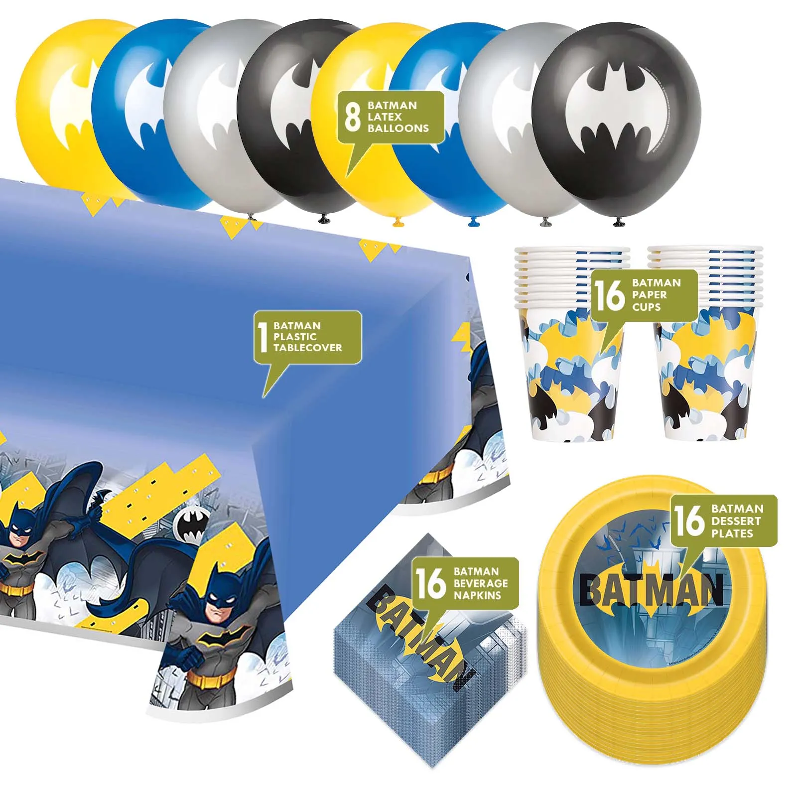 Batman Party Supplies - Batman Superhero Paper Dessert Plates, Napkins, Cups, Table Cover, and Balloons (Serves 16)