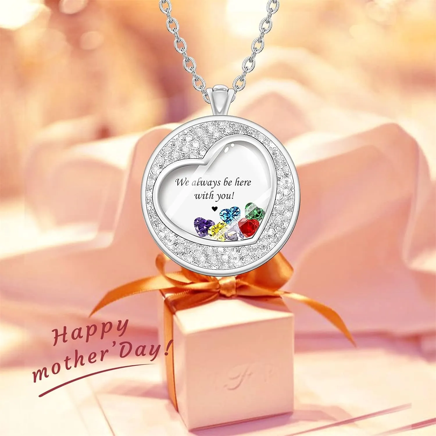 BAUMA AUTO Personalized Mothers Necklace with 1-8 Simulated Birthstones Custom Floating Memory Lockets Necklace Engraved Family Name Necklace Gifts for Women Mom Birthday