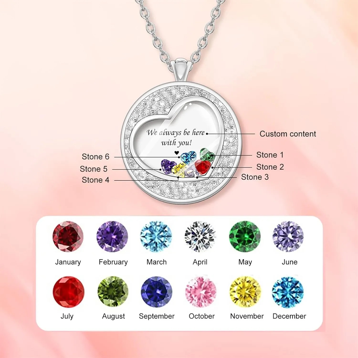 BAUMA AUTO Personalized Mothers Necklace with 1-8 Simulated Birthstones Custom Floating Memory Lockets Necklace Engraved Family Name Necklace Gifts for Women Mom Birthday