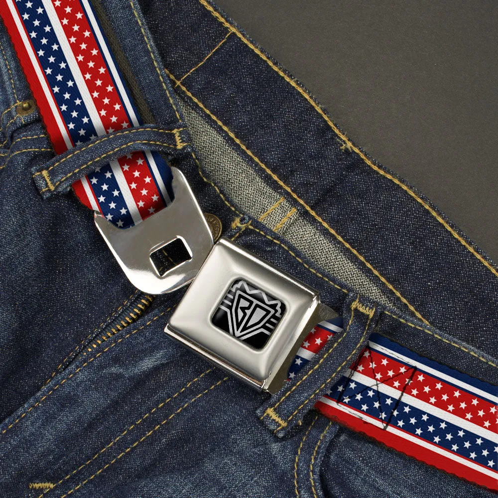 BD Wings Logo CLOSE-UP Full Color Black Silver Seatbelt Belt - Americana Stripe w/Mini Stars Blue/Red/White Webbing
