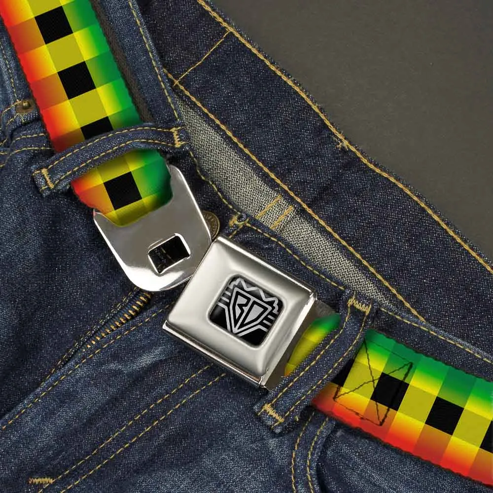 BD Wings Logo CLOSE-UP Full Color Black Silver Seatbelt Belt - Buffalo Plaid Rasta Webbing