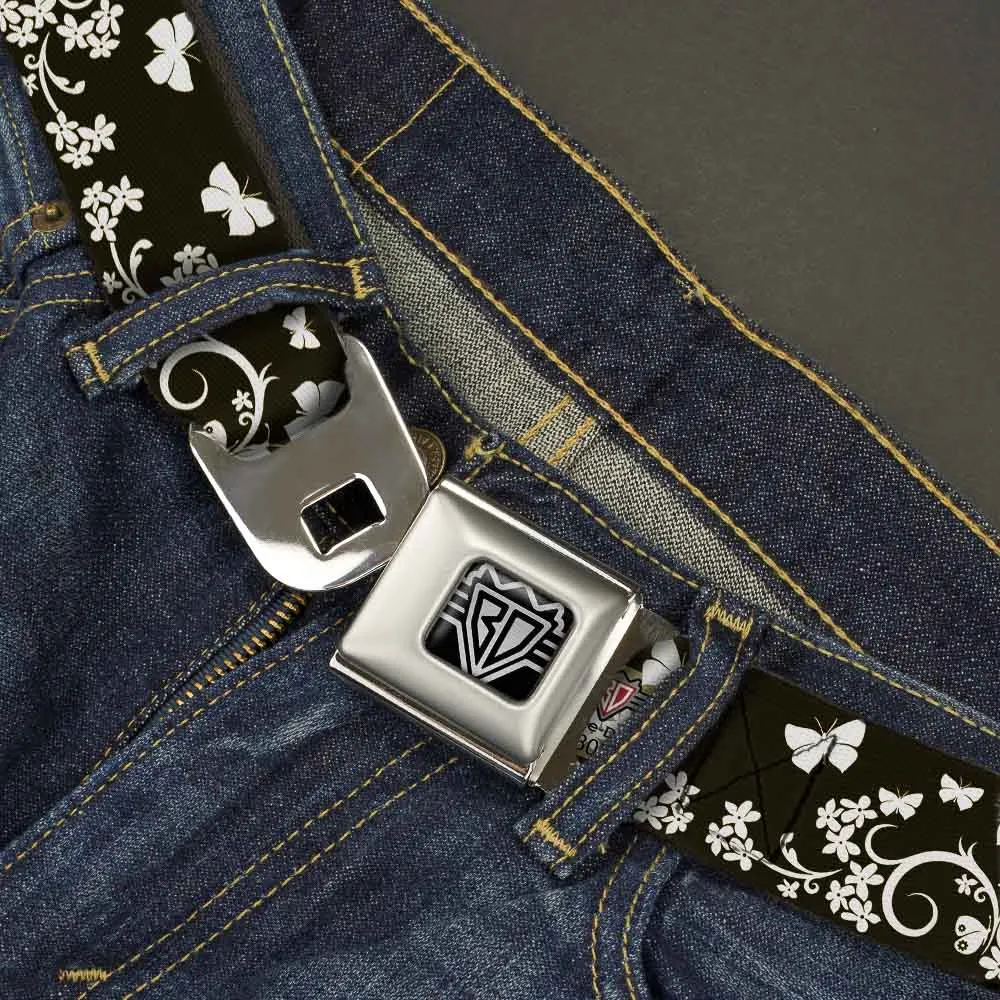 BD Wings Logo CLOSE-UP Full Color Black Silver Seatbelt Belt - Butterfly Garden Black/White Webbing