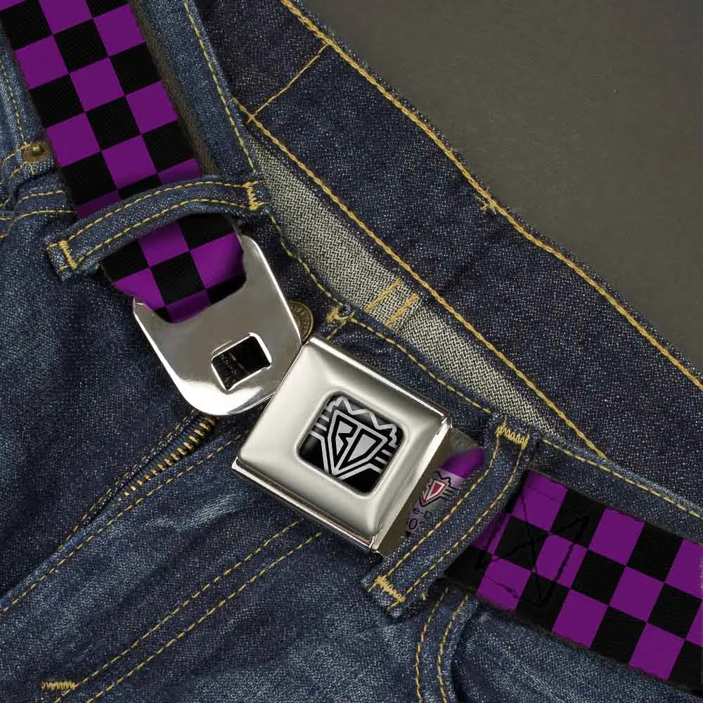 BD Wings Logo CLOSE-UP Full Color Black Silver Seatbelt Belt - Checker Black/Purple Webbing