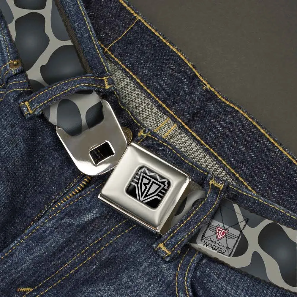 BD Wings Logo CLOSE-UP Full Color Black Silver Seatbelt Belt - Giraffe Spots Gray/Charcoal Webbing