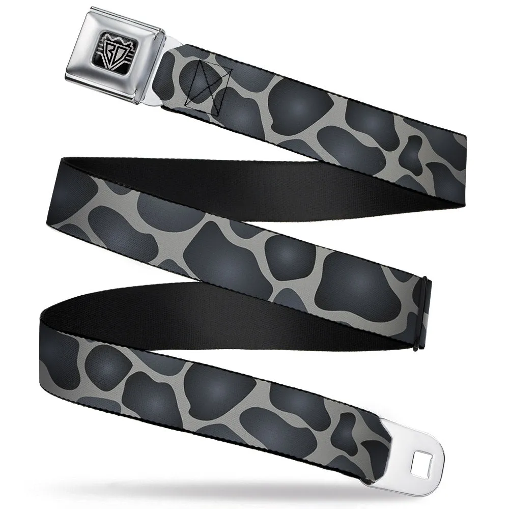 BD Wings Logo CLOSE-UP Full Color Black Silver Seatbelt Belt - Giraffe Spots Gray/Charcoal Webbing