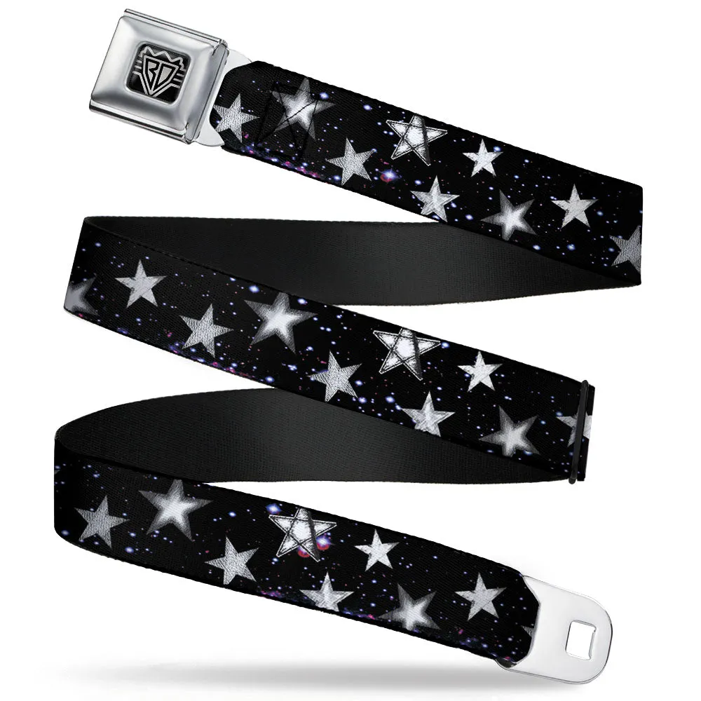 BD Wings Logo CLOSE-UP Full Color Black Silver Seatbelt Belt - Glowing Stars in Space Black/Purple/White Webbing