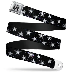 BD Wings Logo CLOSE-UP Full Color Black Silver Seatbelt Belt - Glowing Stars in Space Black/Purple/White Webbing