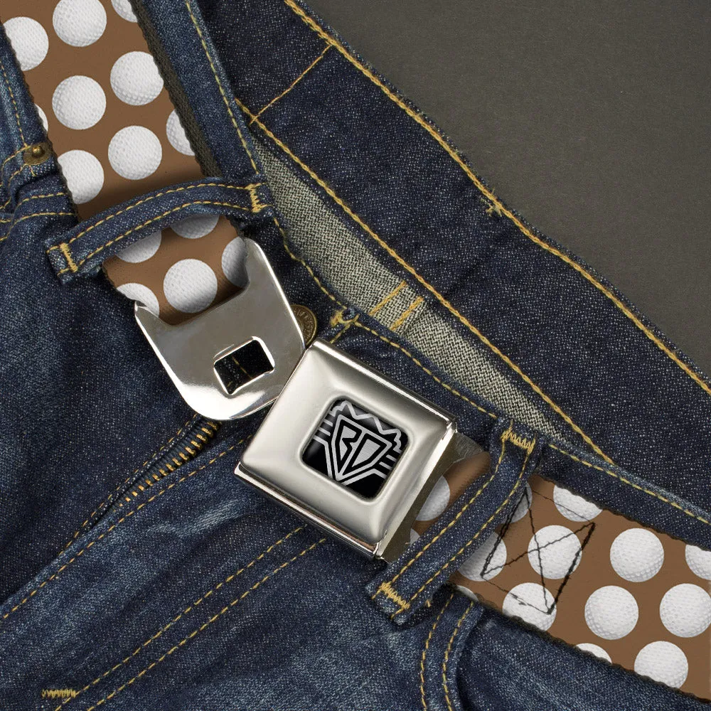 BD Wings Logo CLOSE-UP Full Color Black Silver Seatbelt Belt - Golf Balls Tan/White Webbing