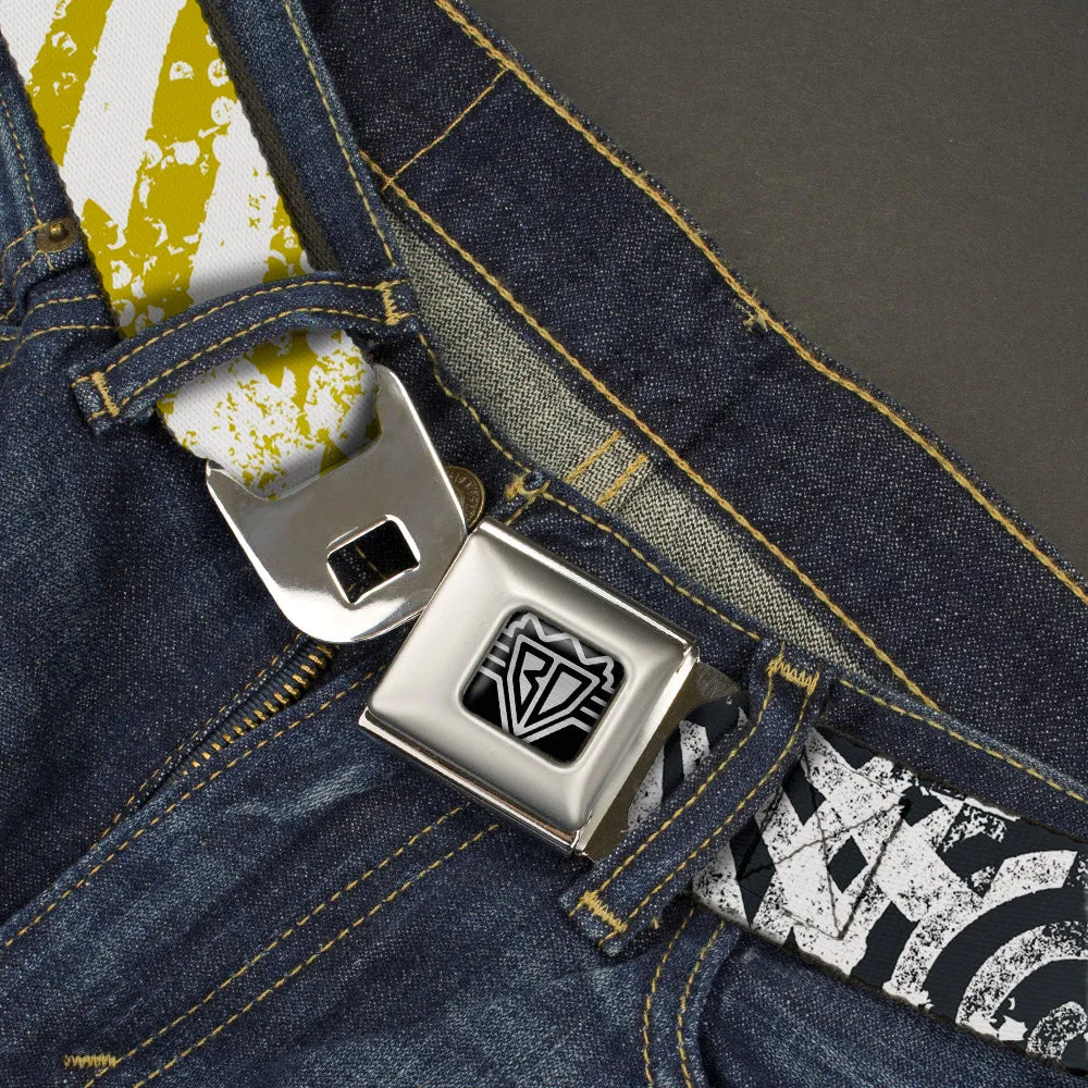 BD Wings Logo CLOSE-UP Full Color Black Silver Seatbelt Belt - Grunge Chaos2 White/Blue-Yellow Fade Webbing