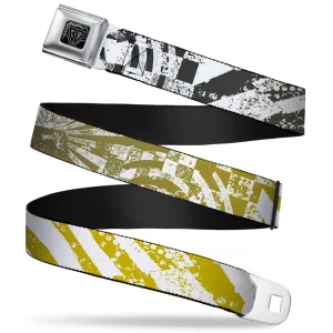 BD Wings Logo CLOSE-UP Full Color Black Silver Seatbelt Belt - Grunge Chaos2 White/Blue-Yellow Fade Webbing