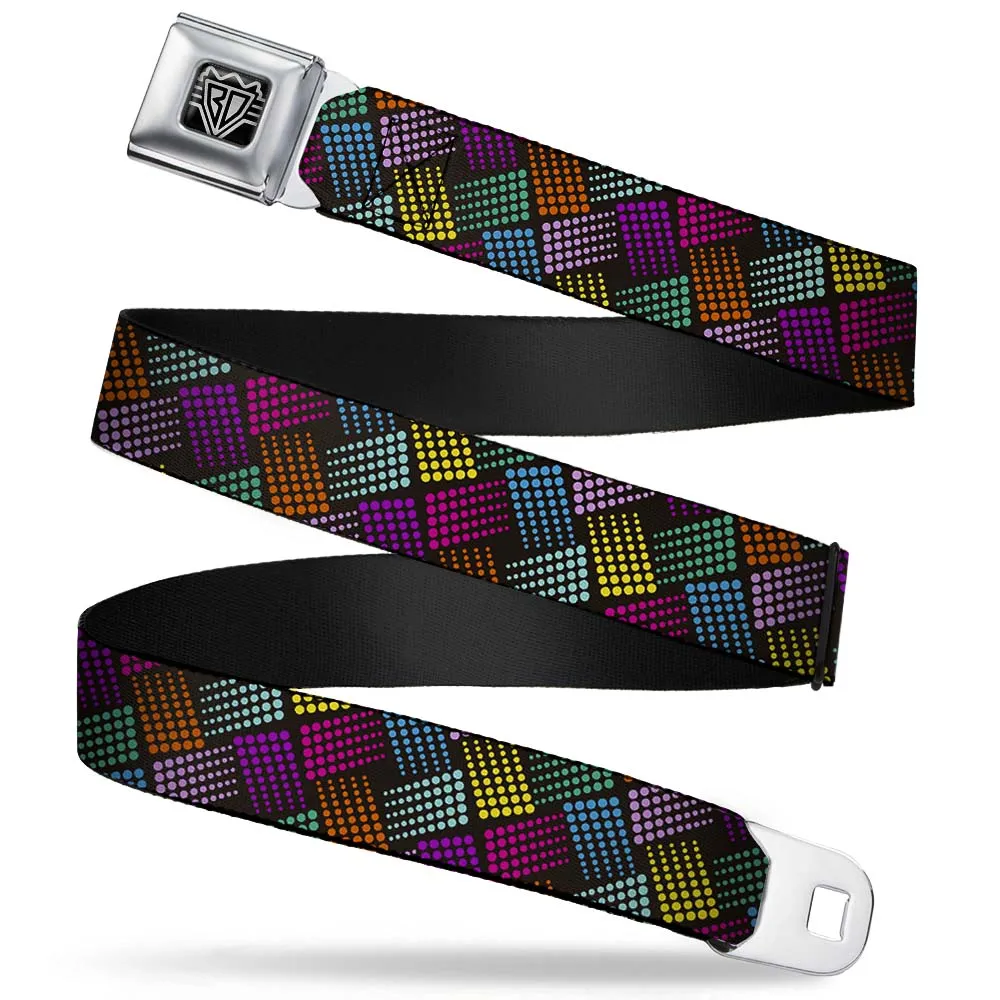 BD Wings Logo CLOSE-UP Full Color Black Silver Seatbelt Belt - Halftone Blocks Charcoal/Pinks/Greens/Orange/Yellow Webbing