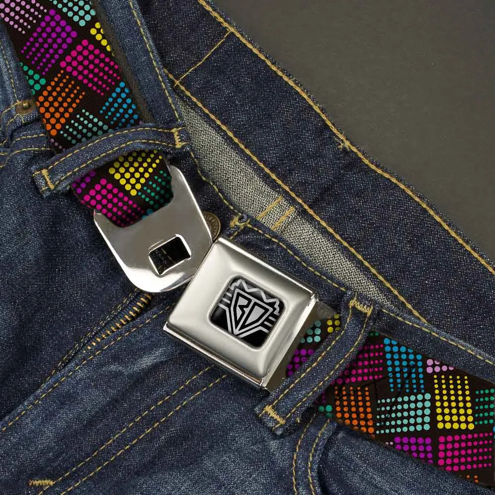 BD Wings Logo CLOSE-UP Full Color Black Silver Seatbelt Belt - Halftone Blocks Charcoal/Pinks/Greens/Orange/Yellow Webbing