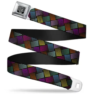 BD Wings Logo CLOSE-UP Full Color Black Silver Seatbelt Belt - Halftone Blocks Charcoal/Pinks/Greens/Orange/Yellow Webbing