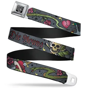 BD Wings Logo CLOSE-UP Full Color Black Silver Seatbelt Belt - Live Hard Die Young Gray Webbing