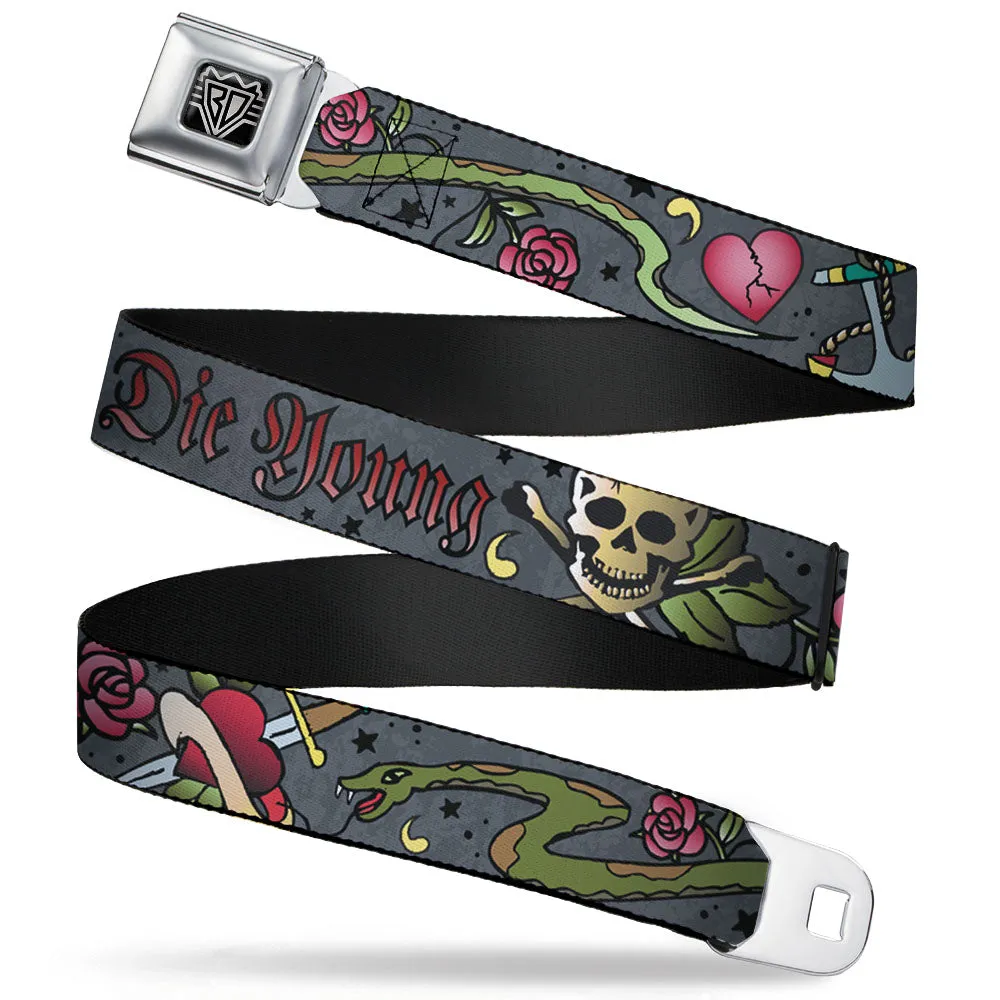 BD Wings Logo CLOSE-UP Full Color Black Silver Seatbelt Belt - Live Hard Die Young Gray Webbing