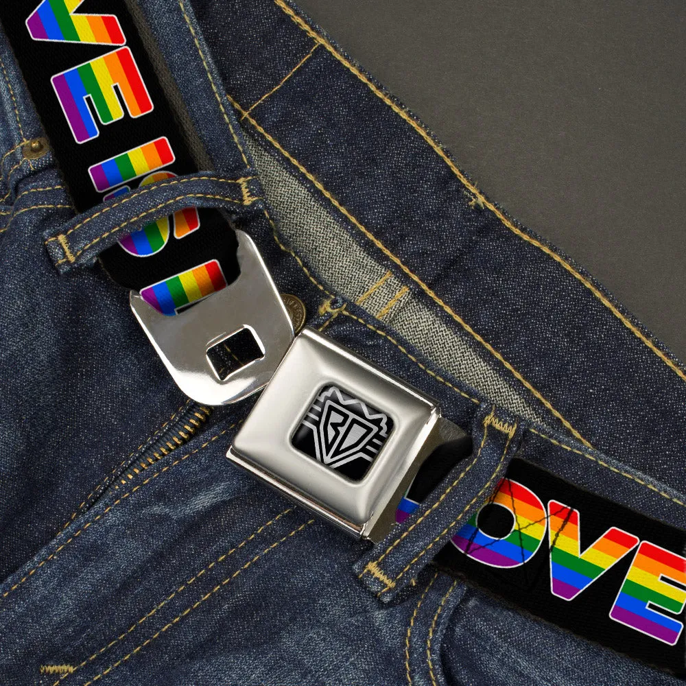 BD Wings Logo CLOSE-UP Full Color Black Silver Seatbelt Belt - LOVE IS LOVE/Heart Black/Rainbow Webbing