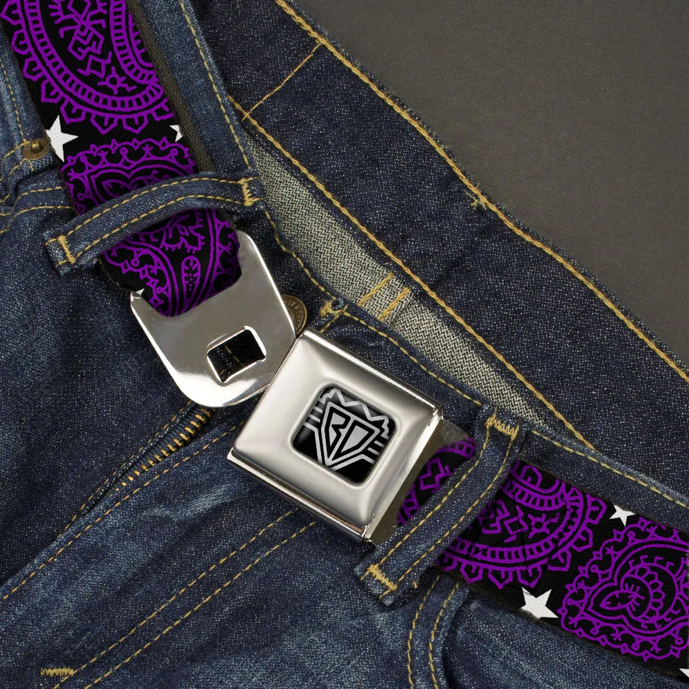 BD Wings Logo CLOSE-UP Full Color Black Silver Seatbelt Belt - Paisley Stars Black/Purple/White Webbing