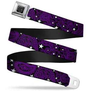 BD Wings Logo CLOSE-UP Full Color Black Silver Seatbelt Belt - Paisley Stars Black/Purple/White Webbing