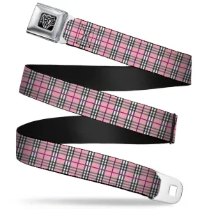 BD Wings Logo CLOSE-UP Full Color Black Silver Seatbelt Belt - Plaid Pink Webbing