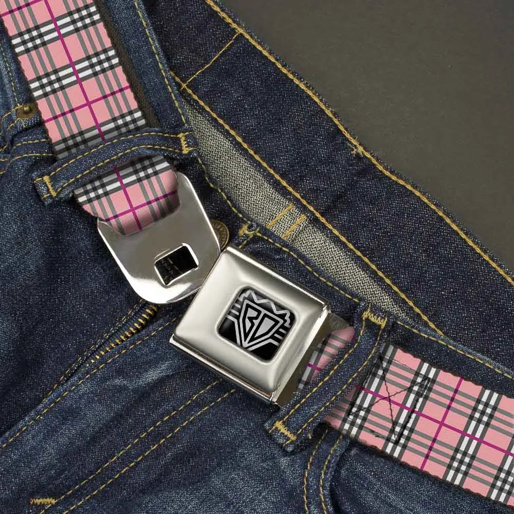BD Wings Logo CLOSE-UP Full Color Black Silver Seatbelt Belt - Plaid Pink Webbing