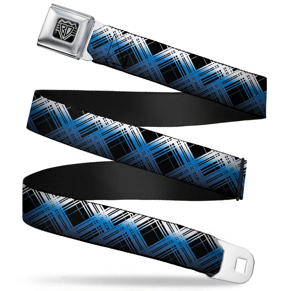 BD Wings Logo CLOSE-UP Full Color Black Silver Seatbelt Belt - Plaid X Gradient Black/White/Blue Webbing