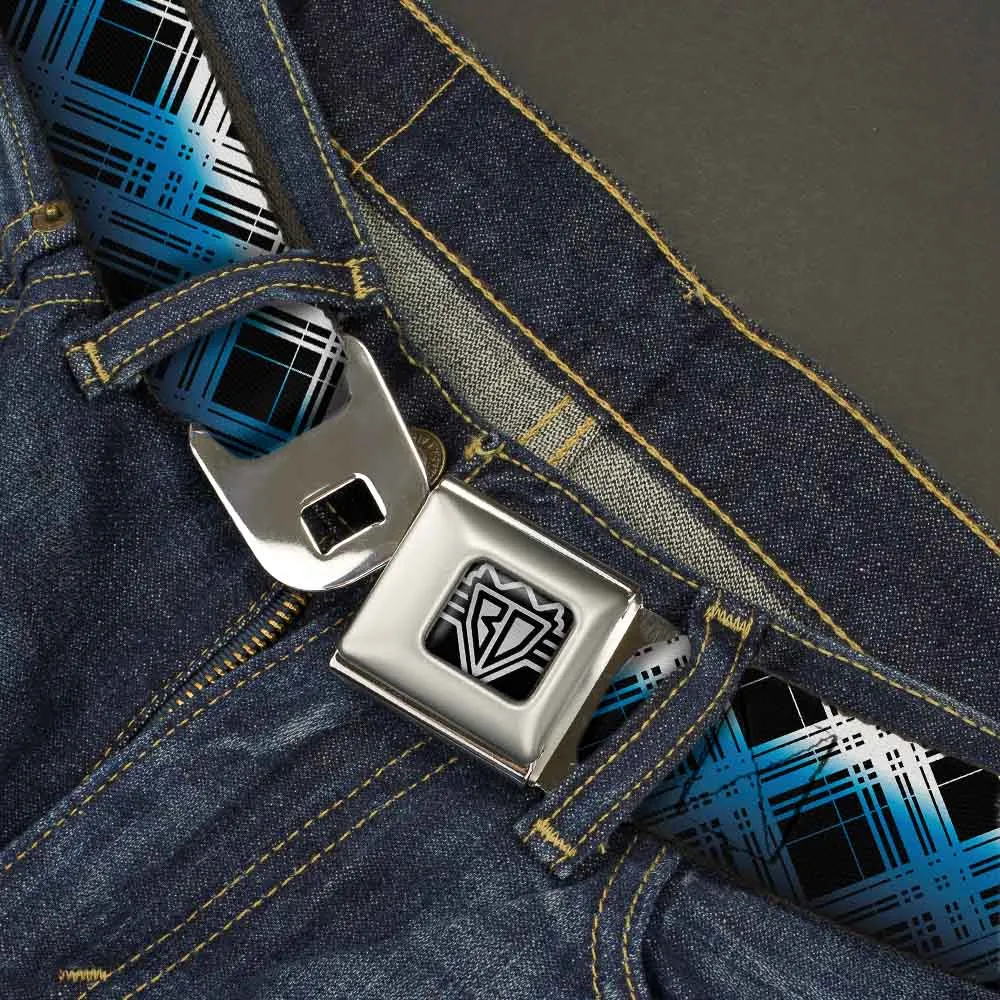 BD Wings Logo CLOSE-UP Full Color Black Silver Seatbelt Belt - Plaid X Gradient Black/White/Blue Webbing