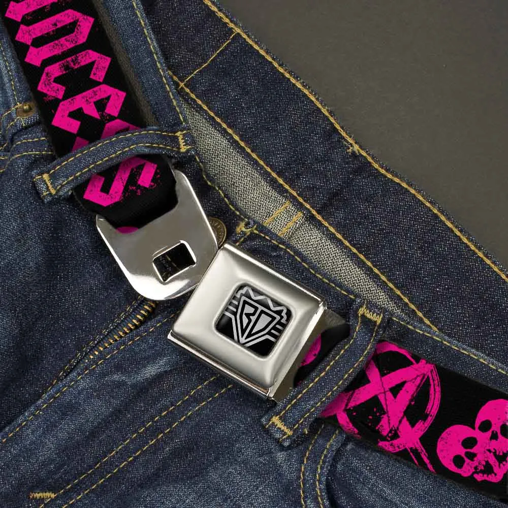 BD Wings Logo CLOSE-UP Full Color Black Silver Seatbelt Belt - Punk Princess Black/Fuchsia Webbing