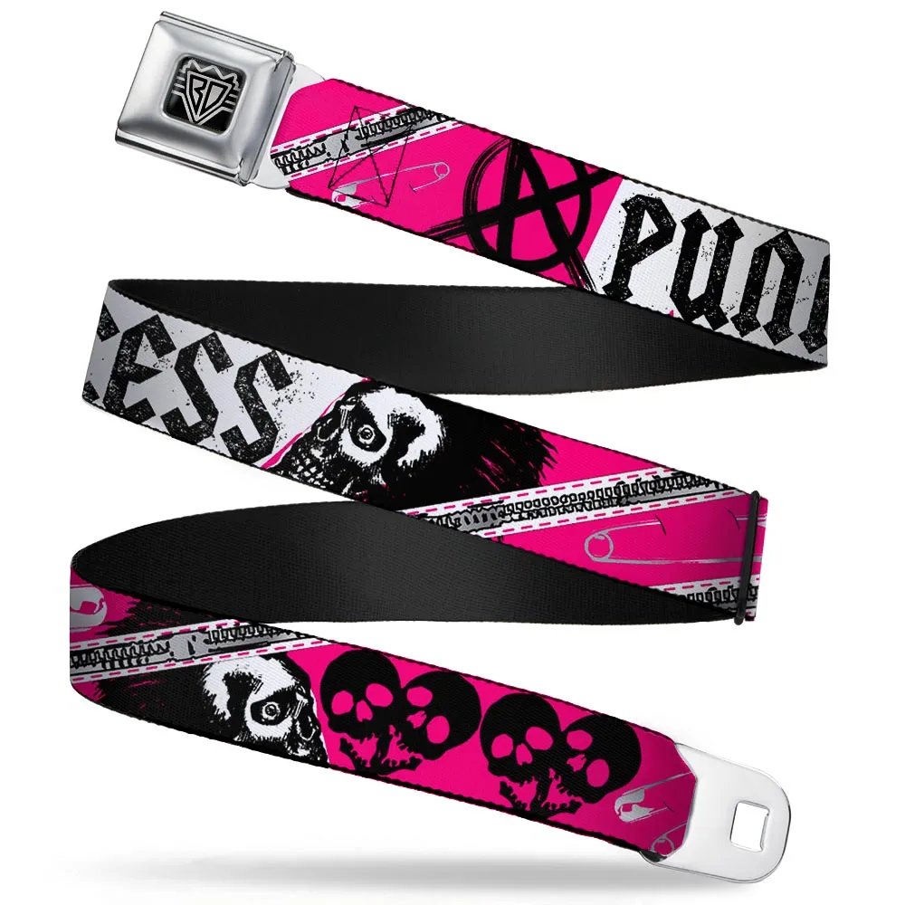 BD Wings Logo CLOSE-UP Full Color Black Silver Seatbelt Belt - Punk Princess w/Zippers & Skulls Webbing