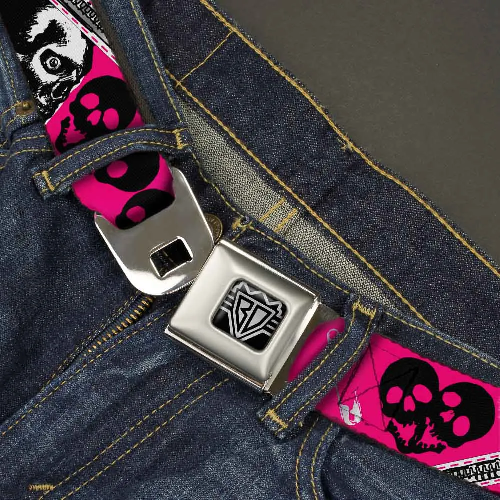 BD Wings Logo CLOSE-UP Full Color Black Silver Seatbelt Belt - Punk Princess w/Zippers & Skulls Webbing