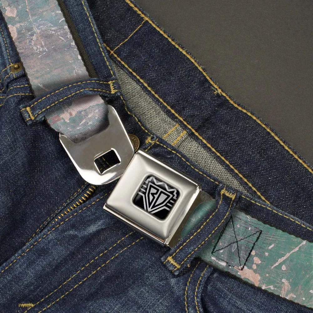 BD Wings Logo CLOSE-UP Full Color Black Silver Seatbelt Belt - Rustic Concrete Panels2 Webbing