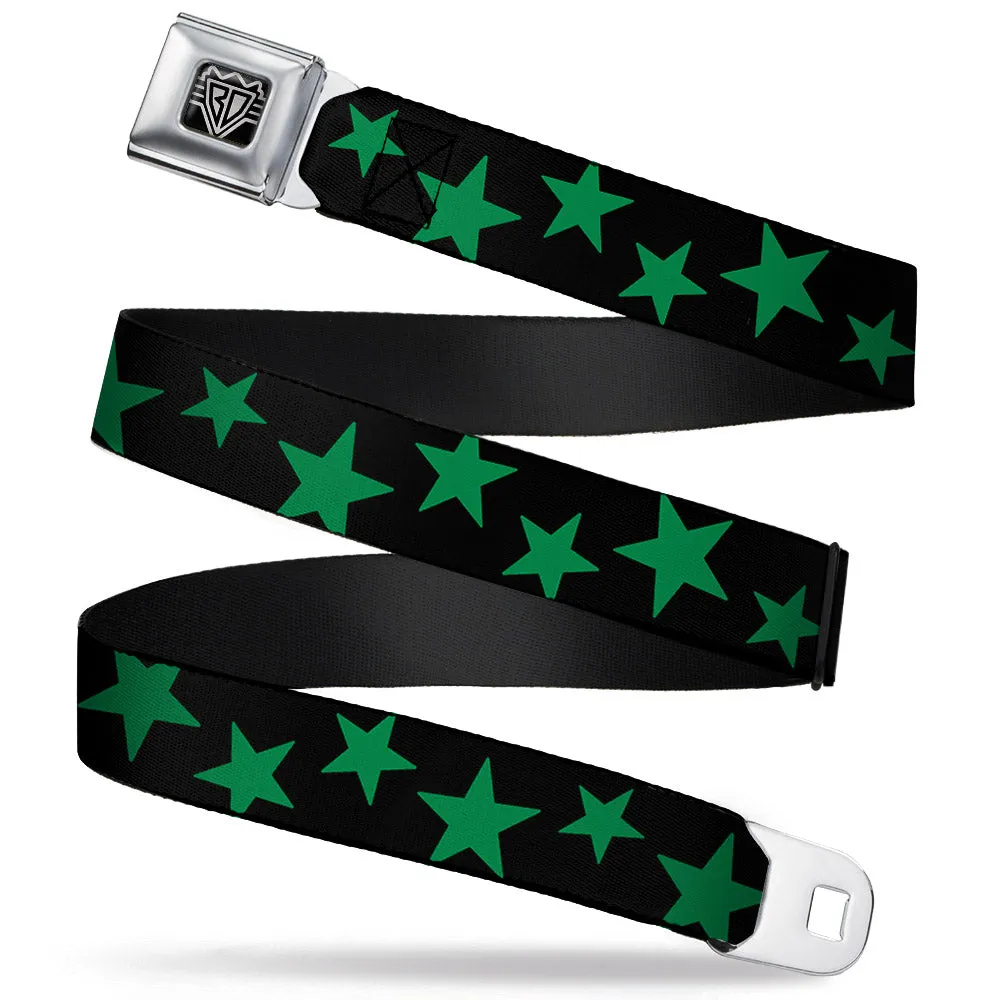 BD Wings Logo CLOSE-UP Full Color Black Silver Seatbelt Belt - Stars Scattered Black/Green Webbing