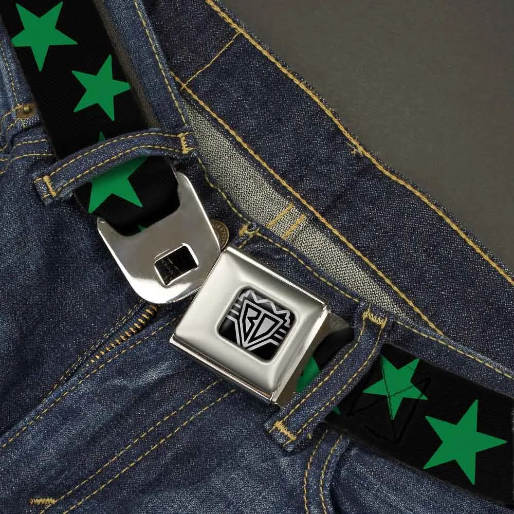 BD Wings Logo CLOSE-UP Full Color Black Silver Seatbelt Belt - Stars Scattered Black/Green Webbing