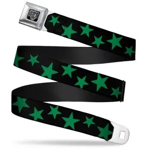 BD Wings Logo CLOSE-UP Full Color Black Silver Seatbelt Belt - Stars Scattered Black/Green Webbing