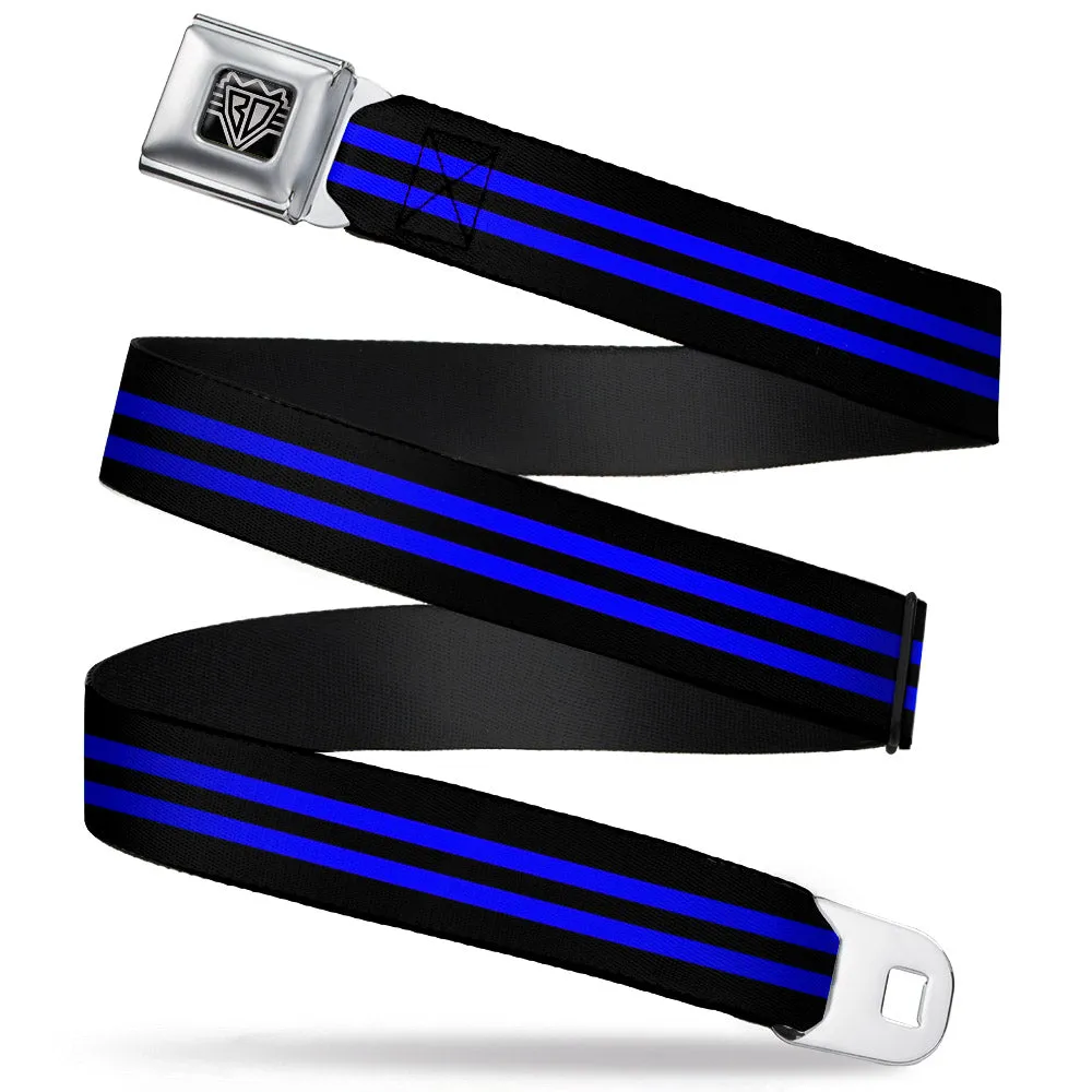 BD Wings Logo CLOSE-UP Full Color Black Silver Seatbelt Belt - Stripe Black/Blue Webbing