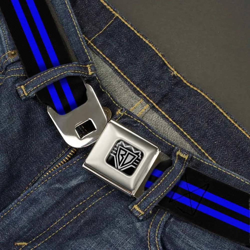 BD Wings Logo CLOSE-UP Full Color Black Silver Seatbelt Belt - Stripe Black/Blue Webbing