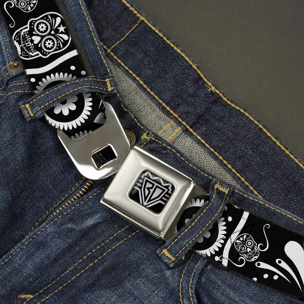 BD Wings Logo CLOSE-UP Full Color Black Silver Seatbelt Belt - Sugar Skulls Black/White Webbing