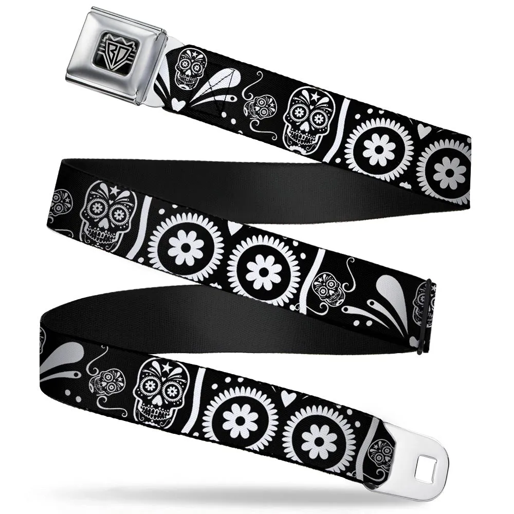 BD Wings Logo CLOSE-UP Full Color Black Silver Seatbelt Belt - Sugar Skulls Black/White Webbing