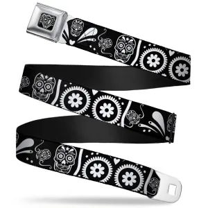 BD Wings Logo CLOSE-UP Full Color Black Silver Seatbelt Belt - Sugar Skulls Black/White Webbing