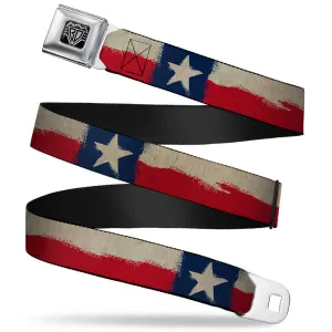 BD Wings Logo CLOSE-UP Full Color Black Silver Seatbelt Belt - Texas Flag CLOSE-UP Distressed Painting Webbing
